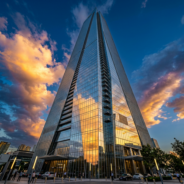AI architecture — glass skyscraper at sunset