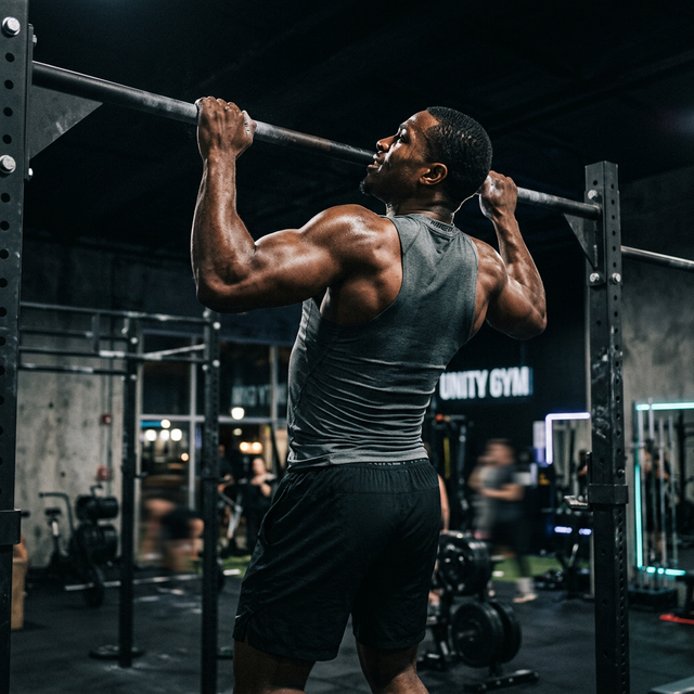 AI fitness — athlete pull-up dramatic lighting