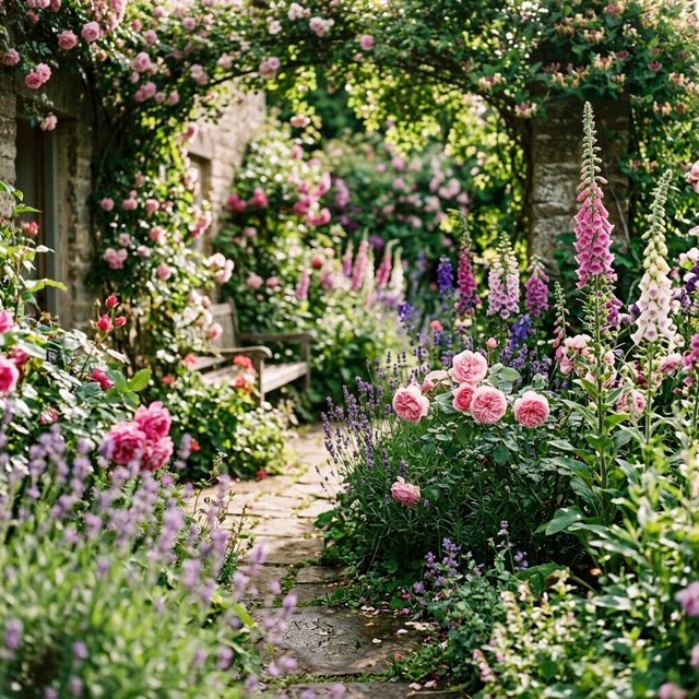 AI garden — English cottage garden in bloom