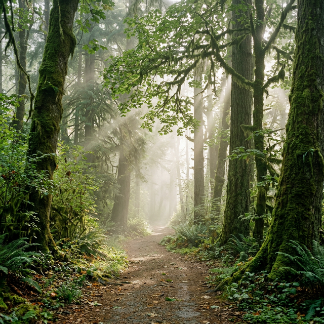 AI nature — misty forest path with sunbeams