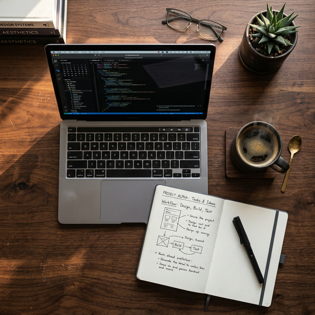 AI lifestyle editorial — desk flatlay