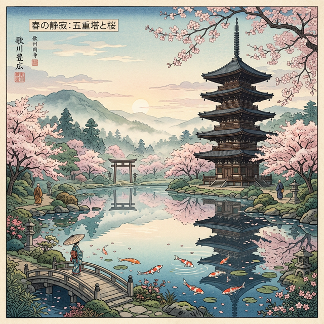 AI oriental art — Japanese pagoda with cherry blossom