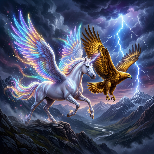 AI fantasy — unicorn racing an eagle